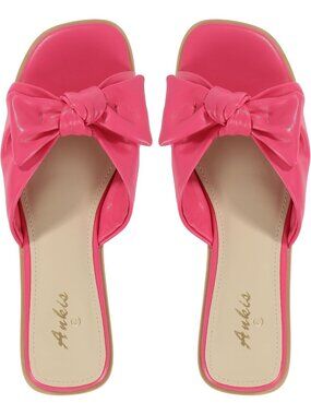 🆕Women's Fushia Bow Flat Sandals Square Open Toe Dressy Comfortable Slides